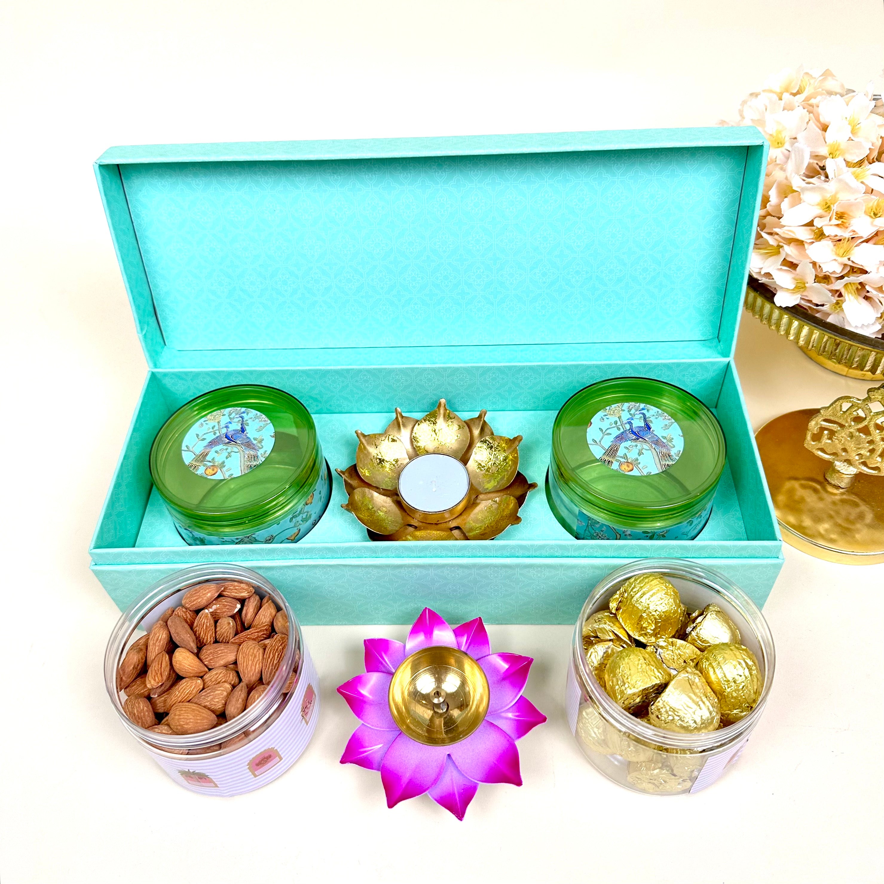 NutriSnacksBox Diwali Gift Hamper for Employees, Family, and Friends | Diwali  Gift Box with Chocolate, Dry Fruits, Cookies, 2 elegant metal Diya with  Tealight and festive Diwali Greeting Card | Corporate Diwali