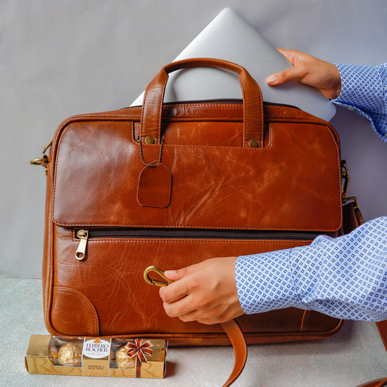 Genuine Leather Laptop Bag + Chocolate